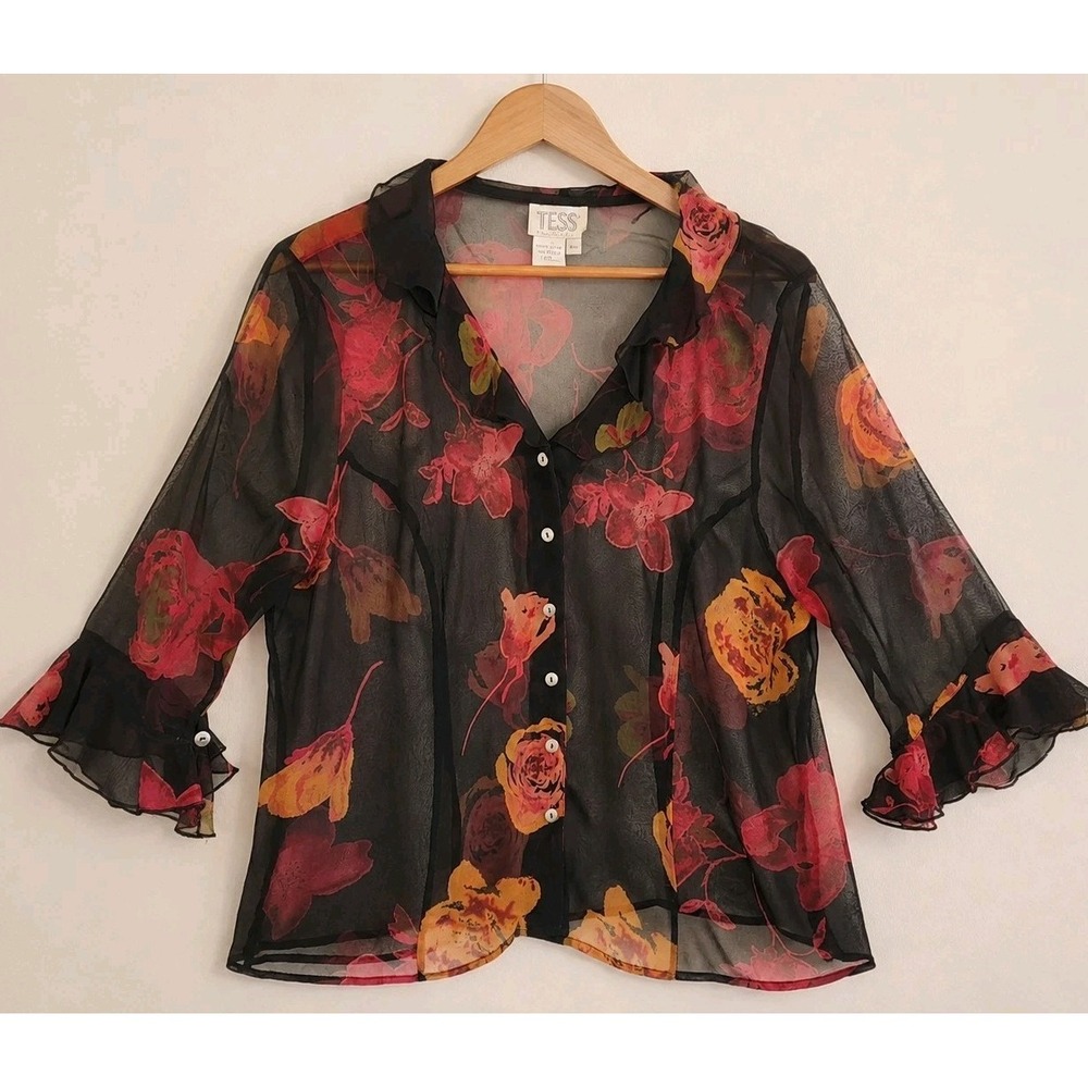 Vintage 90s TESS Silk Blouse Size 16 Large Sheer Black Floral Ruffle Button Up
